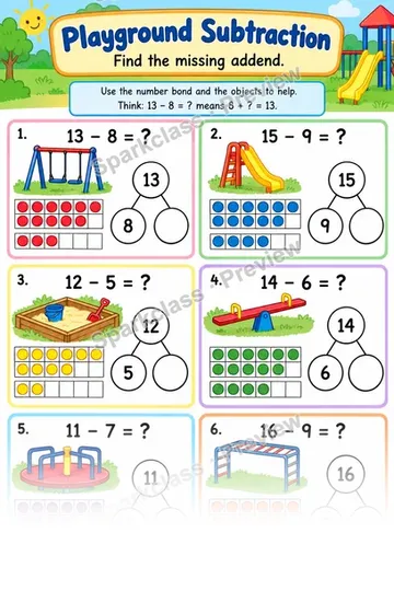 Subtraction Unknown Addend — Grade 1 worksheet preview