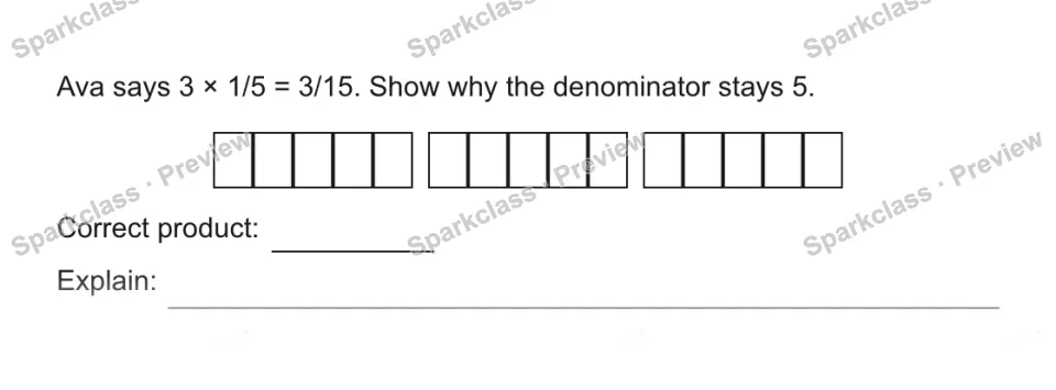 Ava says 3 × 1/5 = 3/15. Show why the denominator stays 5. Correct product: Explain: — page 1