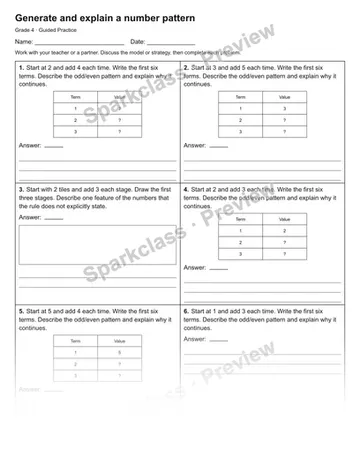 Generate and explain a number pattern — Guided Practice — Grade 4 worksheet preview