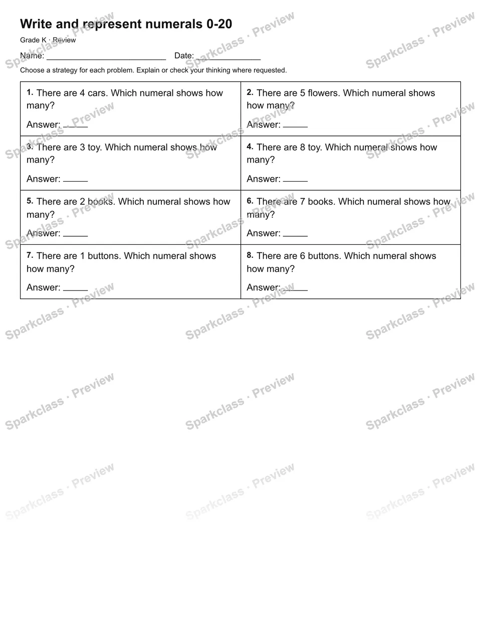 Write and represent numerals 0-20 — Review — page 1