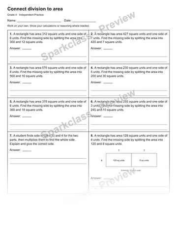 Connect division to area — Independent Practice — Grade 4 worksheet preview