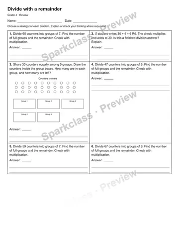 Divide with a remainder — Review — Grade 4 worksheet preview