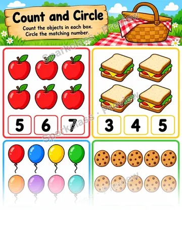 Basic Count and Circle · Quantities — Kindergarten worksheet preview