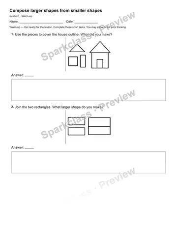 Compose larger shapes from smaller shapes — Warm-up — Kindergarten worksheet preview