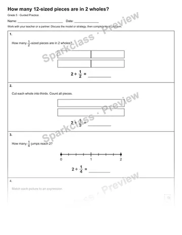 How many 12-sized pieces are in 2 wholes? — Guided Practice — Grade 5 worksheet preview