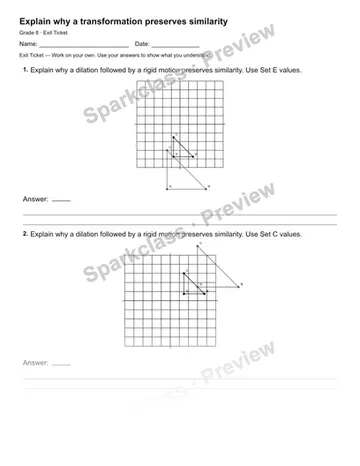 Explain why a transformation preserves similarity — Exit Ticket — Grade 8 worksheet preview