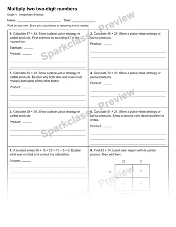 Multiply two two-digit numbers — Independent Practice — Grade 4 worksheet preview