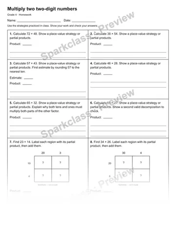 Multiply two two-digit numbers — Homework — Grade 4 worksheet preview
