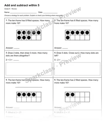 Add and subtract within 5 — Review — Kindergarten worksheet preview