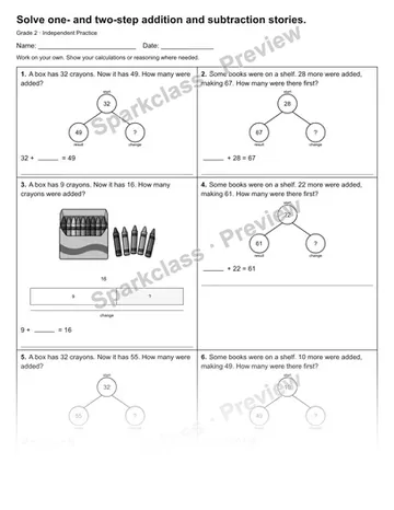 Solve one- and two-step addition and subtraction stories. — Independent Practice — Grade 2 worksheet preview