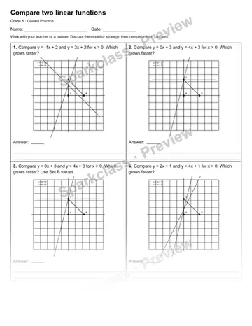 Compare two linear functions — Guided Practice — Grade 8 worksheet preview