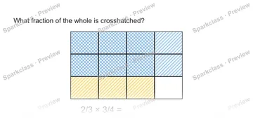 What fraction of the whole is crosshatched? 2/3 × 3/4 = — Grade 5 problem preview