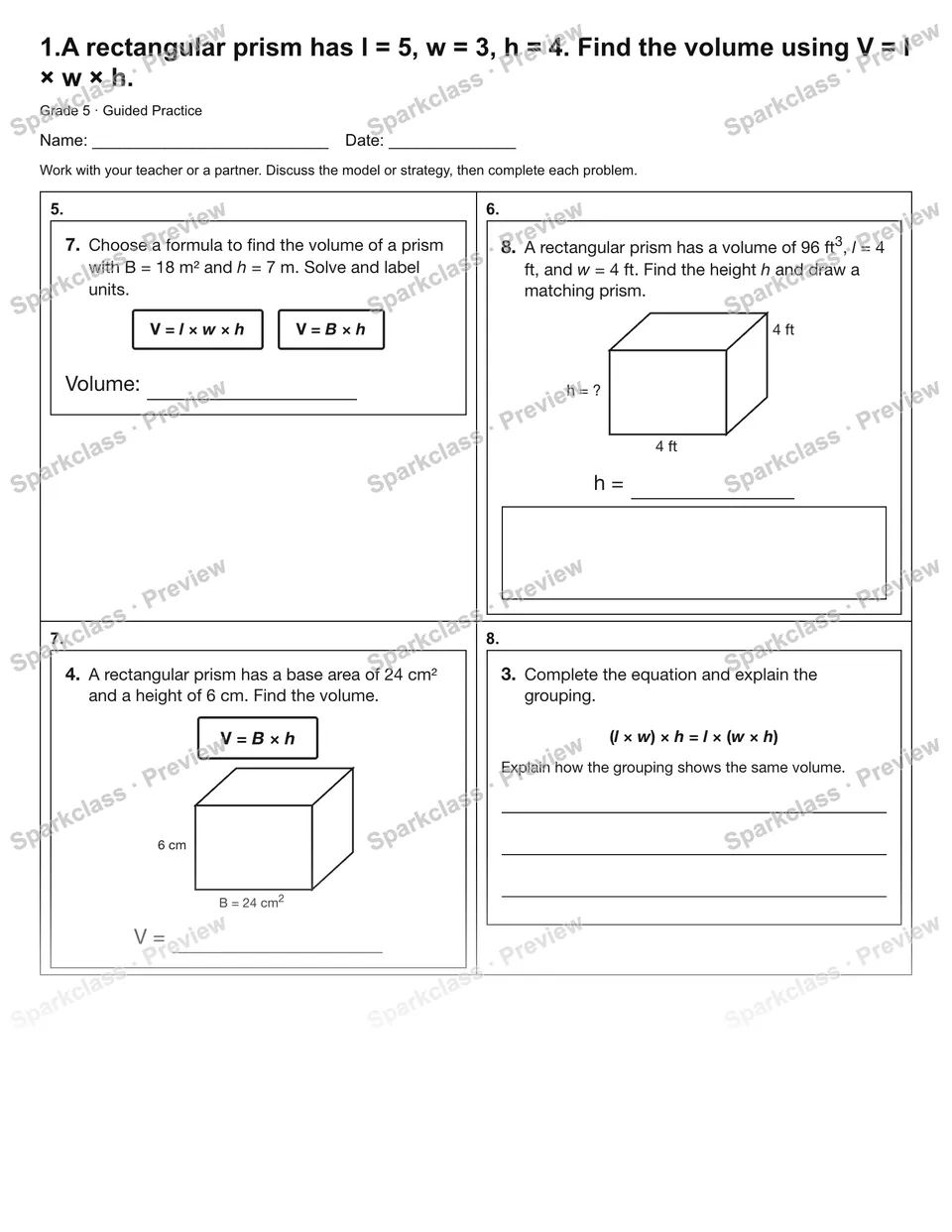 1.A rectangular prism has l = 5, w = 3, h = 4. Find the volume using V = l × w × h. — Guided Practice — page 2