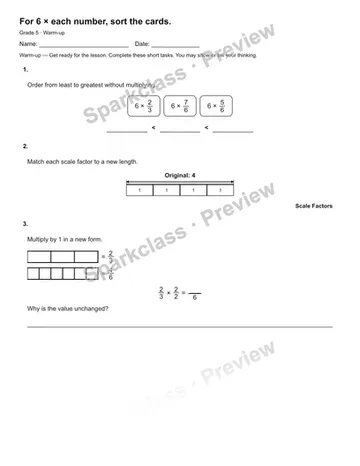 For 6 × each number, sort the cards. — Warm-up — Grade 5 worksheet preview