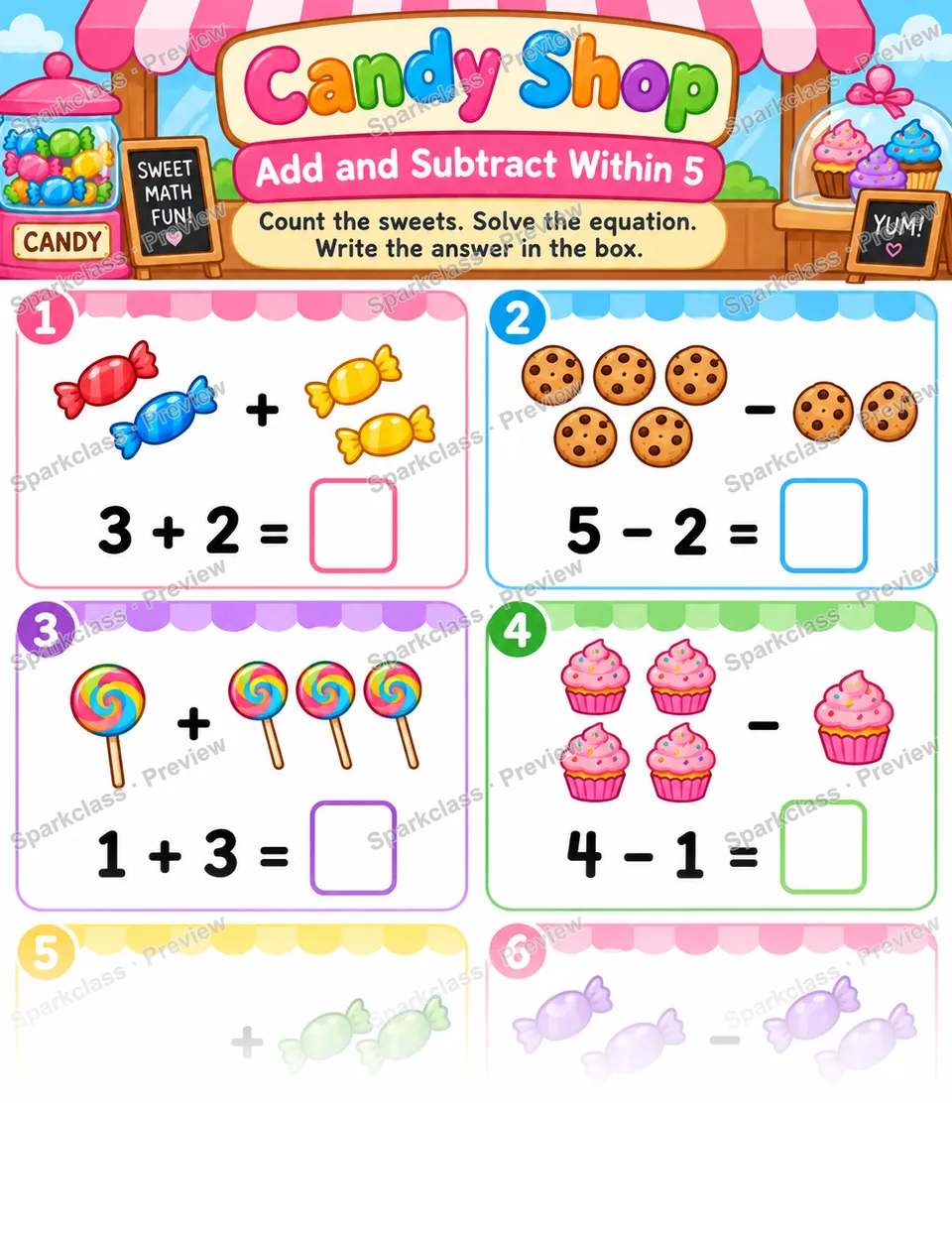 Candy Shop · Add and Subtract Within 5 — page 1