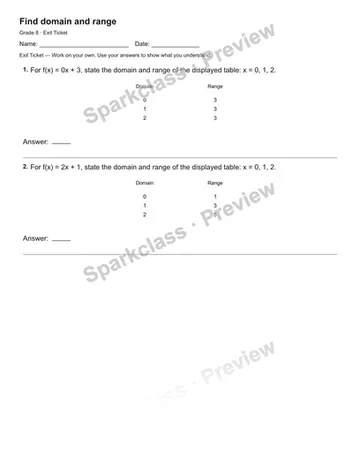 Find domain and range — Exit Ticket — Grade 8 worksheet preview