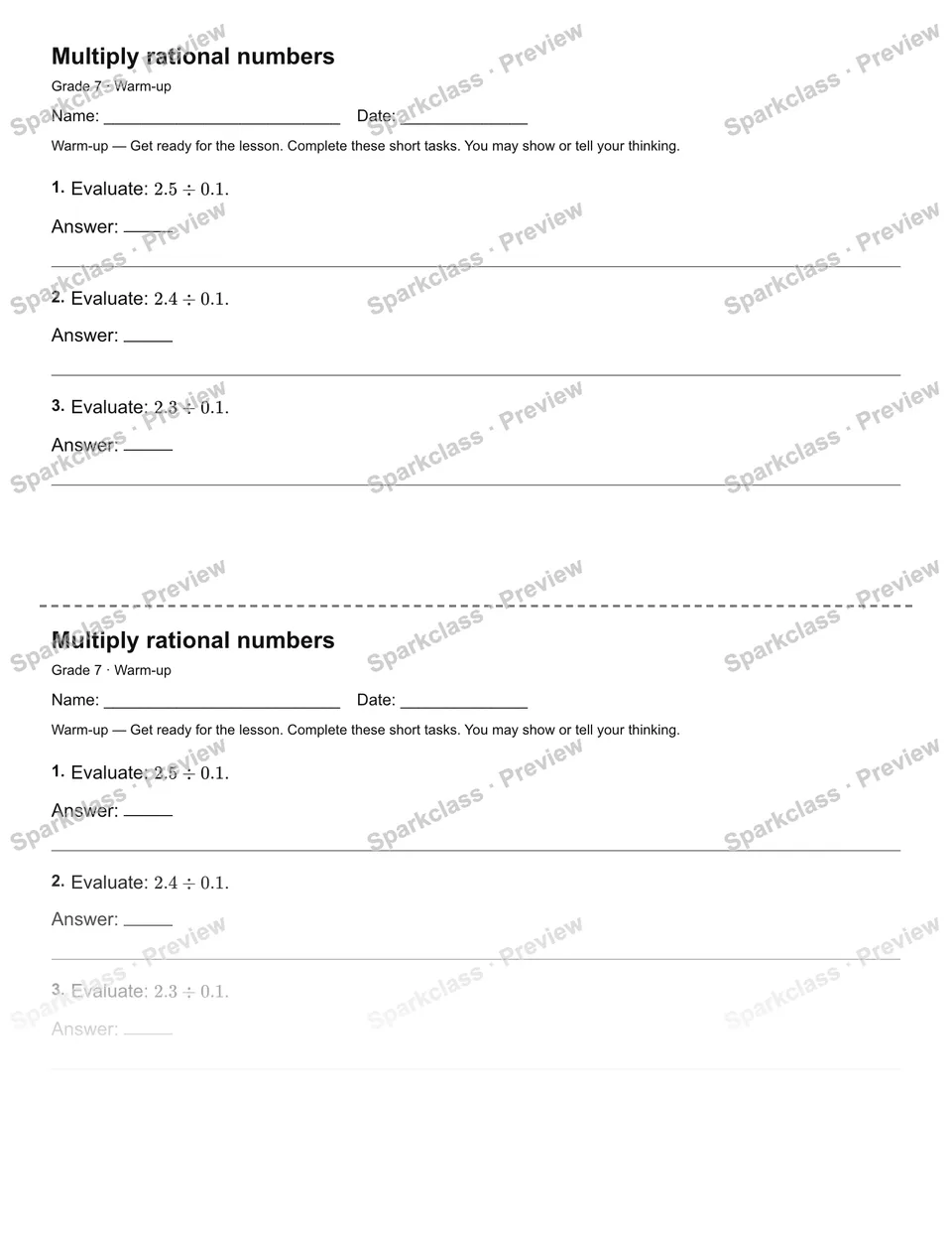 Multiply rational numbers — Warm-up — page 1