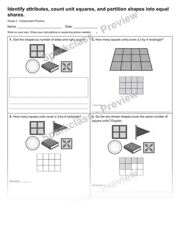Identify attributes, count unit squares, and partition shapes into equal shares. — Independent Practice — Grade 2 worksheet preview