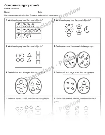 Compare category counts — Homework — Kindergarten worksheet preview