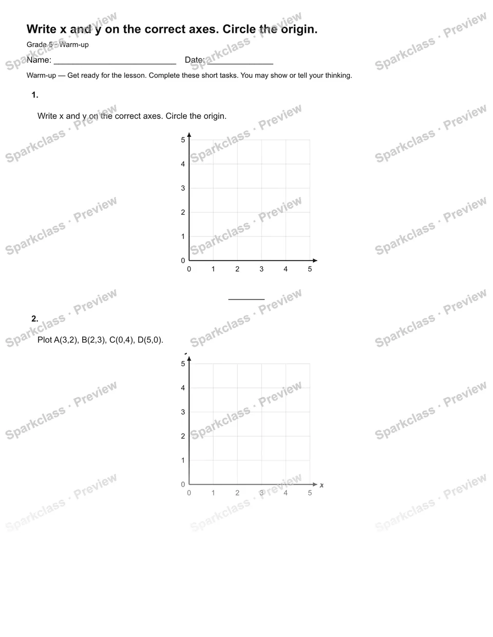 Write x and y on the correct axes. Circle the origin. — Warm-up — page 2