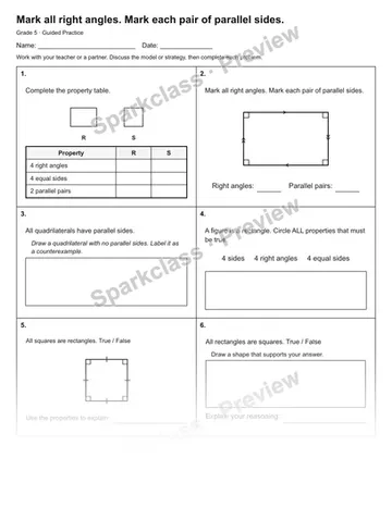 Mark all right angles. Mark each pair of parallel sides. — Guided Practice — Grade 5 worksheet preview