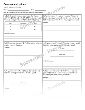 Compare unit prices — Independent Practice — Grade 6 worksheet preview