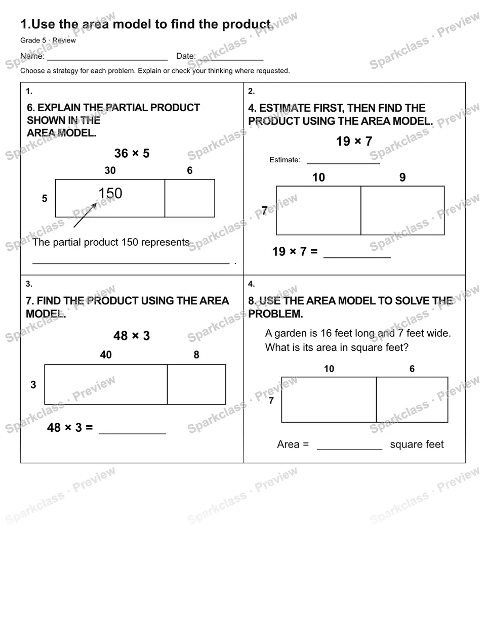 1.Use the area model to find the product. — Review — page 1
