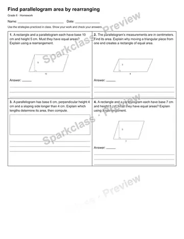 Find parallelogram area by rearranging — Homework — Grade 6 worksheet preview