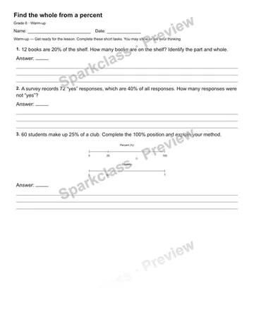 Find the whole from a percent — Warm-up — Grade 6 worksheet preview
