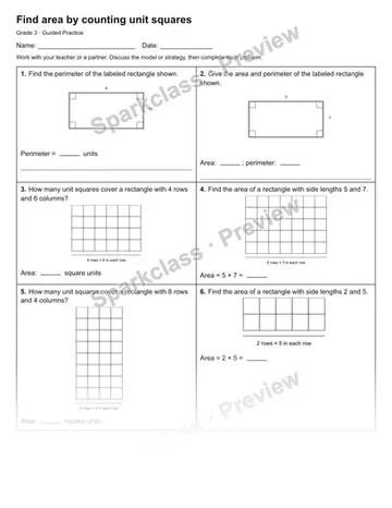 Find area by counting unit squares — Guided Practice — Grade 3 worksheet preview