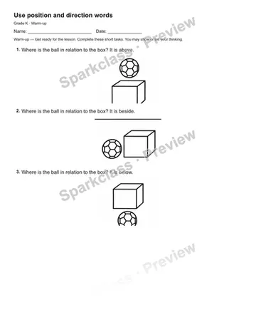 Use position and direction words — Warm-up — Kindergarten worksheet preview