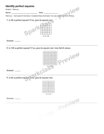 Identify perfect squares — Warm-up — Grade 8 worksheet preview