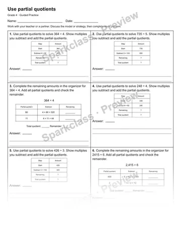 Use partial quotients — Guided Practice — Grade 4 worksheet preview