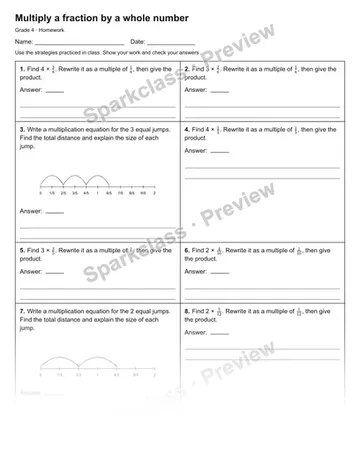 Multiply a fraction by a whole number — Homework — Grade 4 worksheet preview