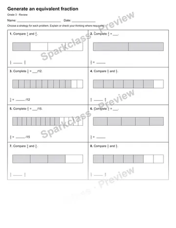 Generate an equivalent fraction — Review — Grade 3 worksheet preview