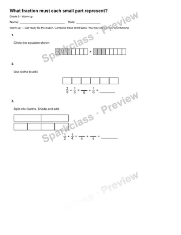 What fraction must each small part represent? — Warm-up — Grade 5 worksheet preview