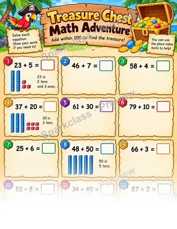 Treasure Add Within 100 — Grade 1 worksheet preview