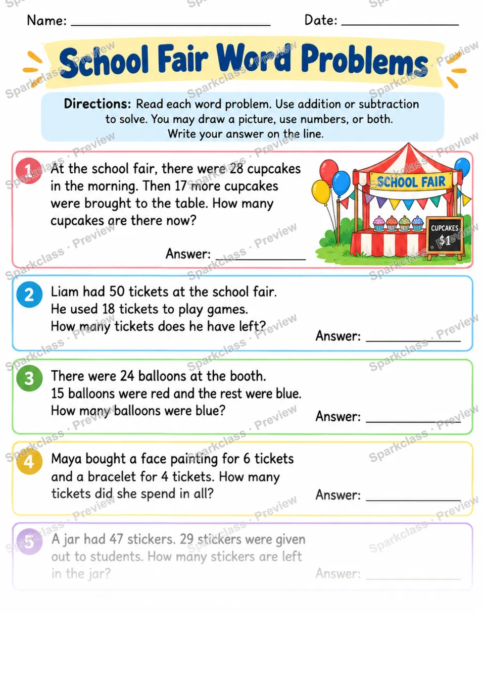 2.OA.A.1 · School Fair Word Problems — page 1