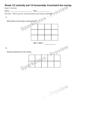 Shade 1/2 vertically and 1/3 horizontally. Crosshatch the overlap. — Exit Ticket — Grade 5 worksheet preview