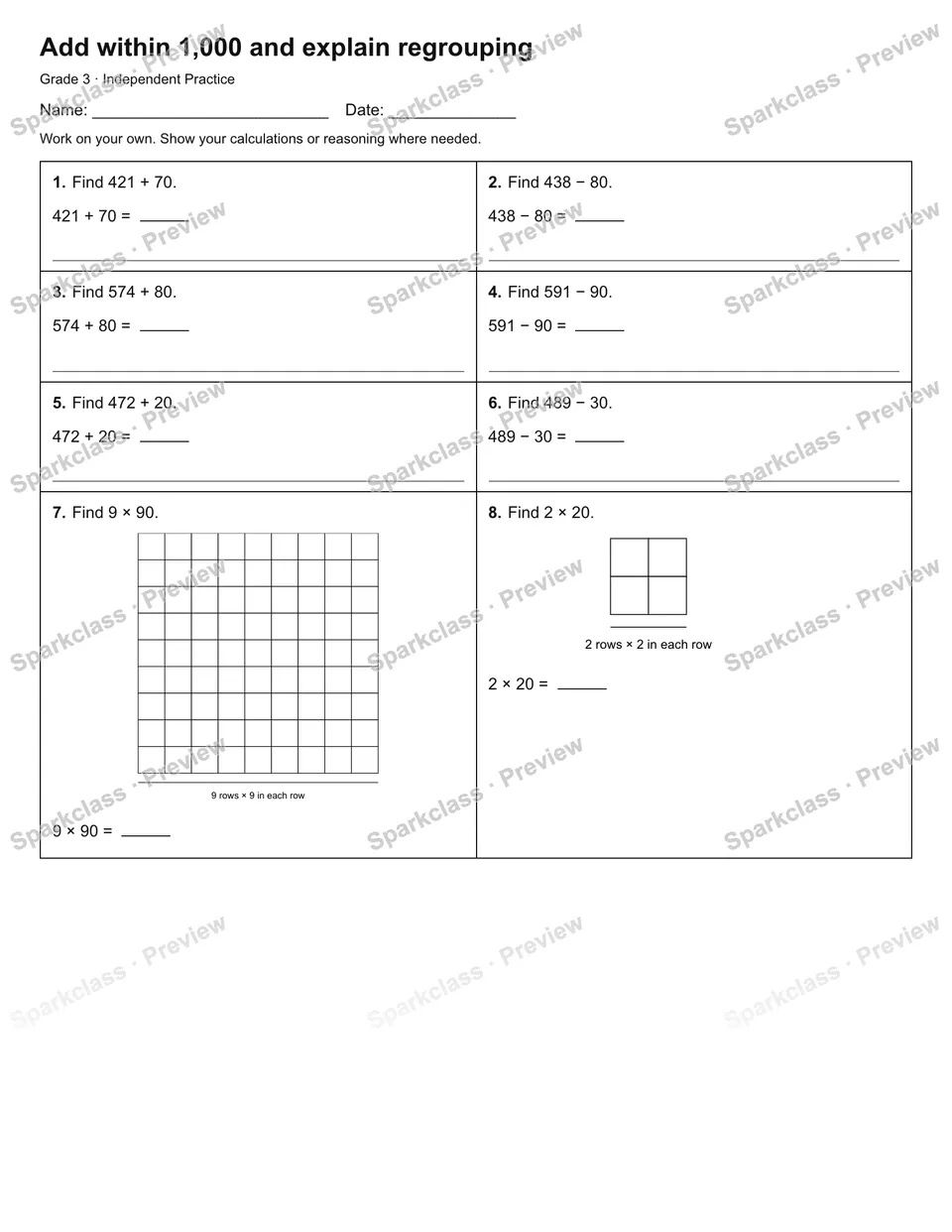 Add within 1,000 and explain regrouping — Independent Practice — page 1