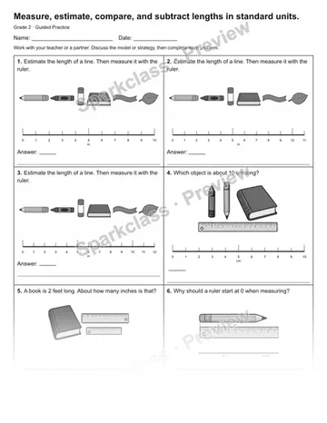 Measure, estimate, compare, and subtract lengths in standard units. — Guided Practice — Grade 2 worksheet preview
