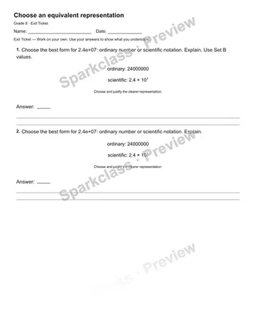 Choose an equivalent representation — Exit Ticket — Grade 8 worksheet preview
