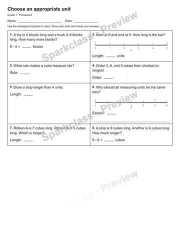 Choose an appropriate unit — Homework — Grade 1 worksheet preview