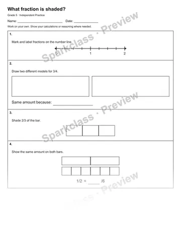 What fraction is shaded? — Independent Practice — Grade 5 worksheet preview