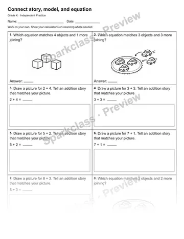 Connect story, model, and equation — Independent Practice — Kindergarten worksheet preview