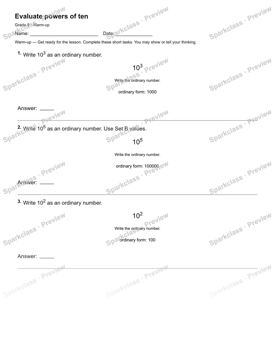 Evaluate powers of ten — Warm-up — page 2