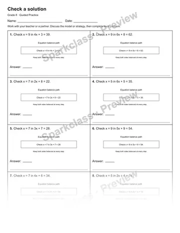 Check a solution — Guided Practice — Grade 8 worksheet preview