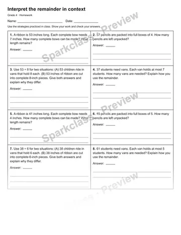 Interpret the remainder in context — Homework — Grade 4 worksheet preview