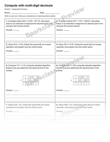 Compute with multi-digit decimals — Independent Practice — Grade 6 worksheet preview