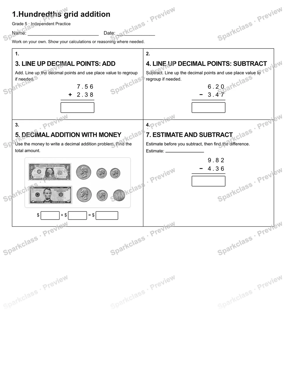 1.Hundredths grid addition — Independent Practice — page 1